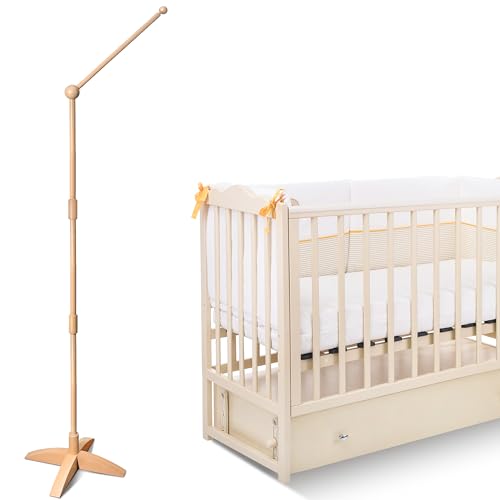 Image of LVGOATH 360° Adjustable Wooden Floor-Standing Crib Mobile Arm with Arched Anti-tilt Base 62 Inches Baby Mobile Hanger for Crib Movable Mobile Holder for Crib with Adjustable Height Nursery Decor