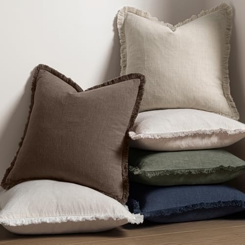 Image of MIULEE Decorative Throw Pillow Covers Neutral Linen Fringe Throw Pillows Set of 2 Reddish Brown Boho Farmhouse Cushion Covers with Tassels for Couch Sofa Bed Living Room Fall Decor 18x18 Inch