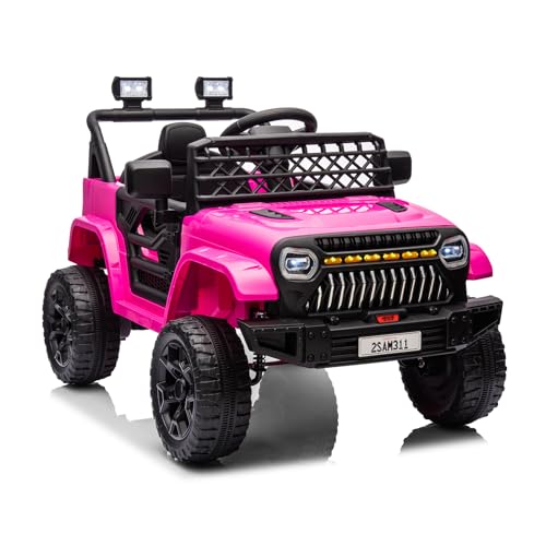 GarveeLife 12V Kids Ride On Truck Electric Vehicle Battery Powered Car Toddlers Ride On Toy for Boys Girls with Remote Control, 4-Wheel Suspension, Battery Display, LED Lights, Music, Rose Red