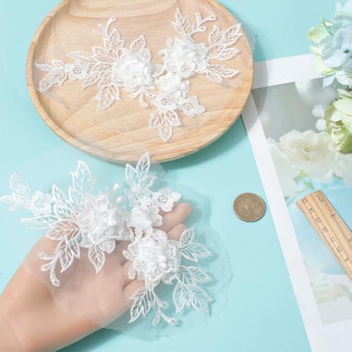 CABODYALS 2 works 4Pcs White 3D Flower Lace Applique Vintage Floral Embroidery Appliques Fabric Collar Sew on Embroidered Tulle Patches for Sewing Making Diy Crafts Dresses Wedding Party Bag Decor - Image 3