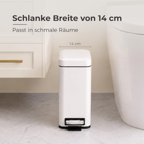 Image of Sineng Bathroom Trash Can with Lid Soft Close, 1.6 Gallon Stainless Steel Small Pedal Garbage Can with Removable Inner Bucket, Waste Bin for Kitchen Bedroom, Compact Toilet Trash Bin, White