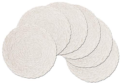 Image of SHACOS Round Braided Placemats 15 inch Set of 6 Boho Thick Washable Kitchen Table Placemats for Home Wedding Party (T-Ivory, 6)