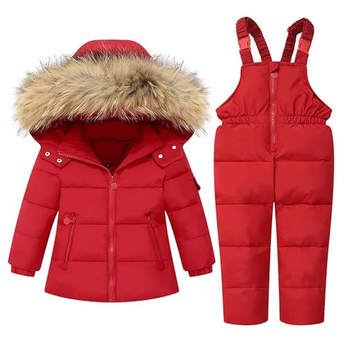 Faux Fur Hood Snow Suit Toddler Fashion Windbreaker Warm Insulated 2 Piece Ski Puffer Jacket and Snow (Red, 2-3 Years)