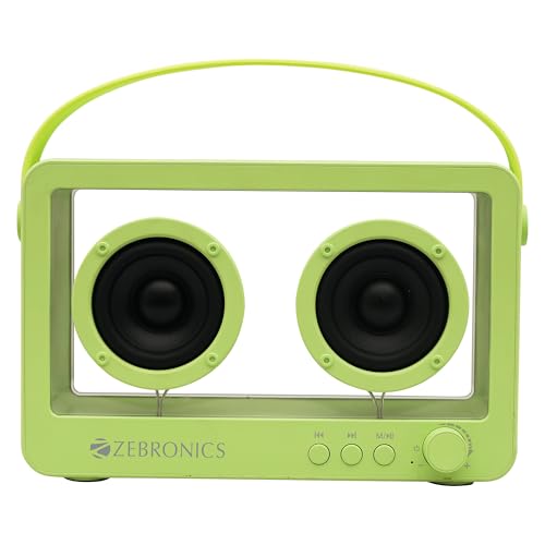 Image of ZEBRONICS Sound Feast 75, Portable Bluetooth Speaker, 14 Watts, 10 Hours Playback, Transparent Body, Dual 6.6 cm Drivers, Carry Strap, Bluetooth v5.3 | TWS | mSD | AUX (Green)