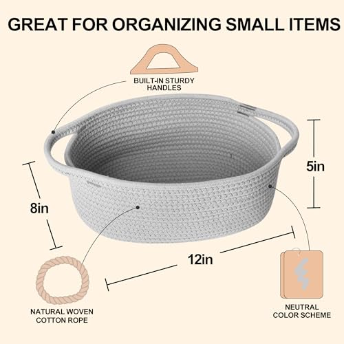 Image of Small Woven Gift Basket, Baskets for Gifts Empty, Cotton Rope Cat Dog Toy Bin Box, Baby Nursery Organizer, Easter Basket with Handle, Shelf Storage Bin for Decor, Gray, 12 inchx 8 inchx 5 inch