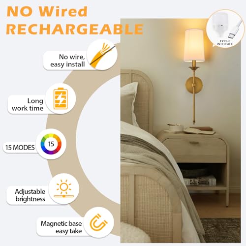 Image of PASSICA DECOR Battery Operated Wall Sconce Set of 2 - Rechargeable Cordless Lights with Remote, Dimmable RGB Timer Wireless Sconces for Bedroom, Living Room, Hallway