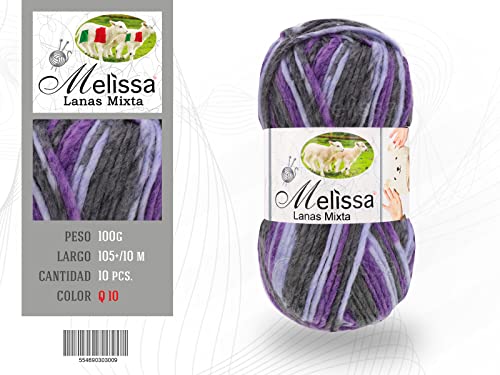 Tesosy Lanas Mixta - 10 × 100g Ovillos de Lana Hilo Acrílico Multicolor para Tejer, Certificado OEKO-TEX Standard 100, Agujas Talla 4(1/2)-5, Gris Violeta 10 Cover