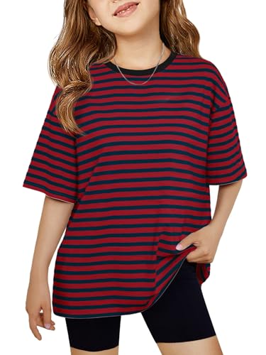 Image of Haloumoning Girls Striped Short Sleeve T Shirts Kids Summer Oversized Tops Casual Crewneck Tees 5-14 Years