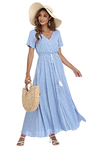 Image of VintageClothing Women's Floral Maxi Dresses Boho Button Up Split Summer Casual Long Dress Beach Party Dress