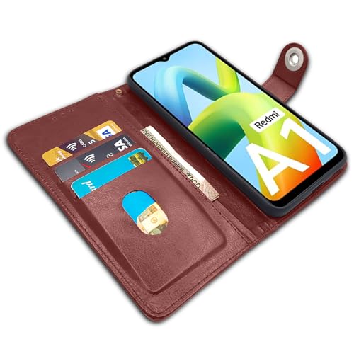 Image of Pikkme Redmi A1 | Redmi A2 Flip Cover Leather Finish | Inside TPU with Card Pockets | Wallet Stand and Shock Proof | Complete Protection Button Flip Case (Brown)