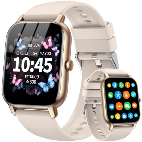 Image of Smart Watch for Men Women,1.85 inch HD Screen Bluetooth Fitness Tracker Step Counter /Sleep Monitor,110+ Sports Modes,IP68 Waterproof Smart Watch Compatible with iPhone Samsung Android Phone, Gold