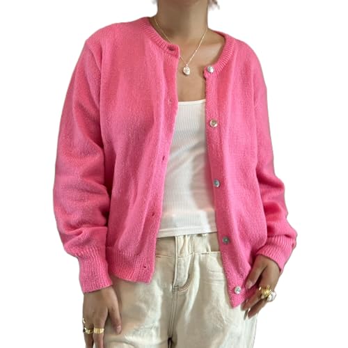Geagodelia Damen Strickjacke Elegante Langarm Strick Cropped Cardigan Pullover Strickpullover Strickweste Y2k Sweater Knitted Top Herbst Frühling (A - Rosa, S)