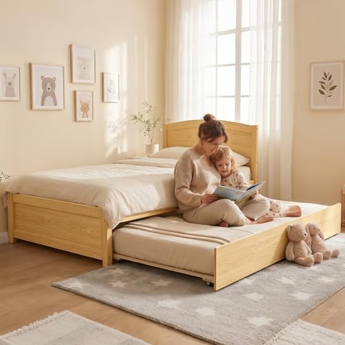 Image of Xilingol Trundle Bed Twin, Solid Wood Bed Frames with Headboard and Wooden Slats Support, Twin Trundle Bed Frame Roll Out, Single Box (No Box Spring Needed)