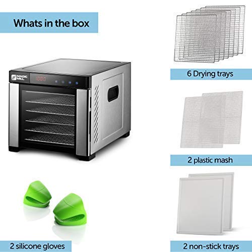 Magic Mill Commercial Food Dehydrator Machine | Easy Setup, Digital Adjustable Timer and Temperature Control | Dryer for Jerky, Herb, Meat, Beef, Fruit and To Dry Vegetables | Over Heat Protection | 6 Stainless Steel Trays