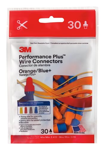 Image of 3M Performance Plus Wire Connector, O /B+, Wire Range:2#22-3#12, Bag of 30 | Orange /Blue Connectors, ELEC-O /B+-30
