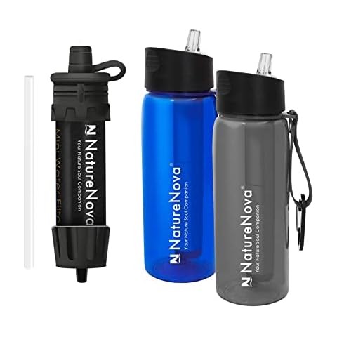 Mini Water Filter NatureNova Portable Emergency Water Filtration(1 Pack,Black) with Naturenova Water Filter Bottle(2 Pack Blue/Black) Cover