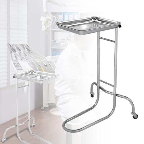 MENURSY - Mayo Instrument Stand, Mobile Rolling Table for Dental, Veterinary, Pet Clinics Supplies - Adjustable Height 35"-51" Double-Post Utility Cart with Lift-Out Tray (A)