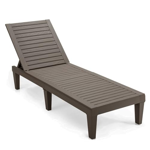GIANTEX Chaise Longue de Jardin Effet Bois, Transat en Plastique avec Dossier Réglable sur 5 Positions, Bain de Soleil pour Terrasse, Charge 180 kg, Chaise de Plage,...