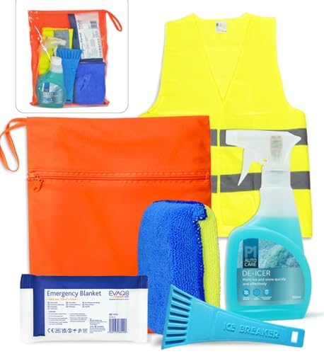 EVAQ8 Car Winter Essentials Pack De-icer Spray Ice Scraper Demister Sponge Foil Blanket & High-Visibility Vest in Bright Orange Bag