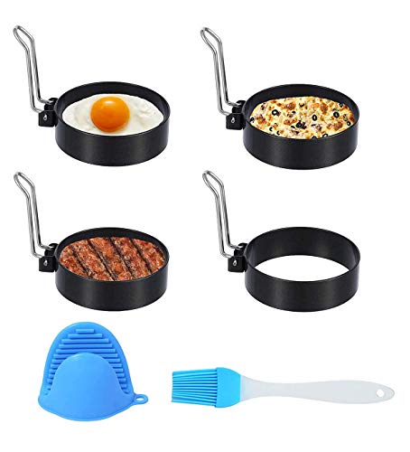 Egg Rings, Anillos de Huevo Antiadherentes, de Huevo,4 Piezas Moldes para Huevos Fritos de Acero Inoxidable, para Huevos Frito y Panqueques,Con 1 cepillo de aceite de silicona y 1 pinza de dedo Cover