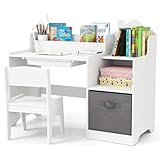 COSTWAY Set Scrivania e Sedia per Bambini 3+ Anni, Tavolo e Sedia in Legno Salvaspazio con Cassetto in Plastica e Cassetto in Tessuto, Banco Scuola e Seggiola per Cameretta (Bianco)