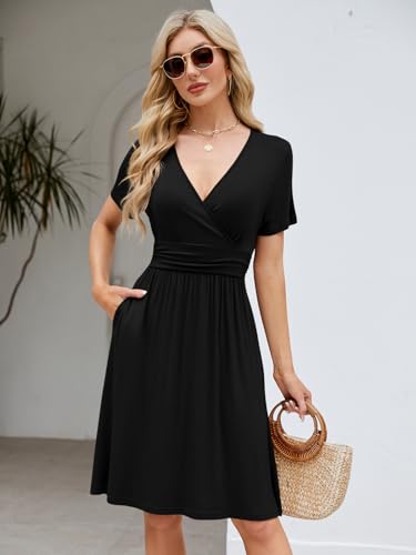 Image of Naggoo Womens Summer Dresses for Women 2026 Spring Floral Sundress Short Sleeve V Neck Wrap Dress with Pockets