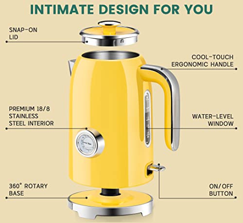 Image of SUSTEAS Electric Kettle - 57oz Hot Tea Kettle Water Boiler with Thermometer, 1500W Fast Heating Stainless Steel Tea Pot, Cordless with LED Indicator, Auto Shut-Off & Boil Dry Protection, Retro Yellow