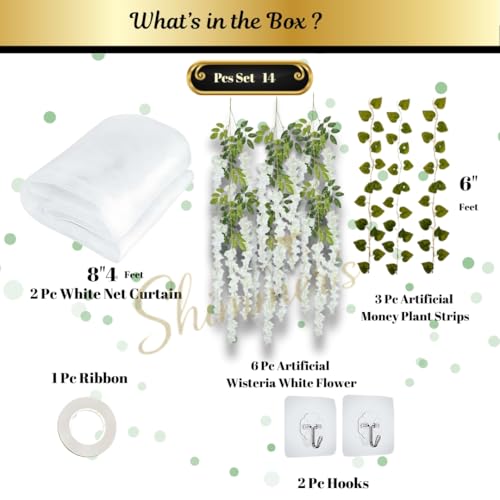 Image of Shimmers Wedding Decoration Kit Set of 14 - White Net Curtains 8x4 Ft, Artificial Wisteria Flowers & Money Plant Strips with Ribbon & Hooks for Mehndi, Ganpati Decoration Backdrop Decor