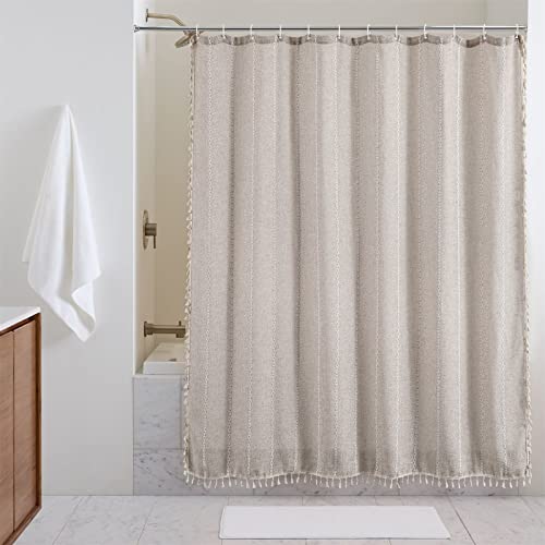 Roomtalks Khaki Boho Shower Curtain With Tassels - Premium Quality Heavy Duty Cotton Linen Modern Farmhouse Shower Curtain Set Bohemian Chic Rustic Cottage Bathroom Decor, Waterproof & Washable #TOP2