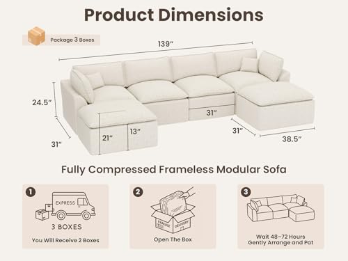 Image of COSIEST139'' Boneless Sectional Couch, Modular Sectional Sofa with Ottoman, 6 Seater U Shaped Cloud Couch for Living Room, Beige