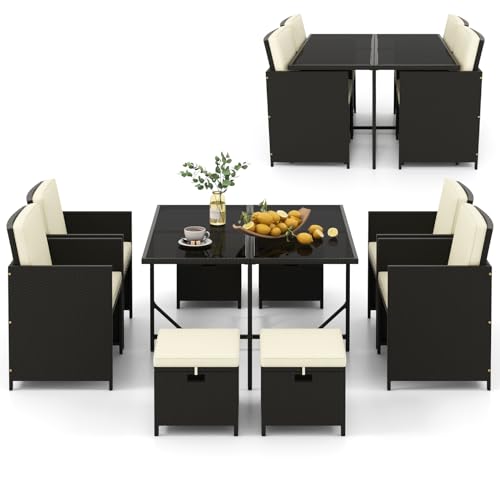 Tangkula 9 Pieces Outdoor Dining Furniture Set, Space-Saving Wicker Rattan Chairs & Tempered Glass Table with Ottomans, Cushioned Seat, Patio Conversation Set for Garden Yard Poolside