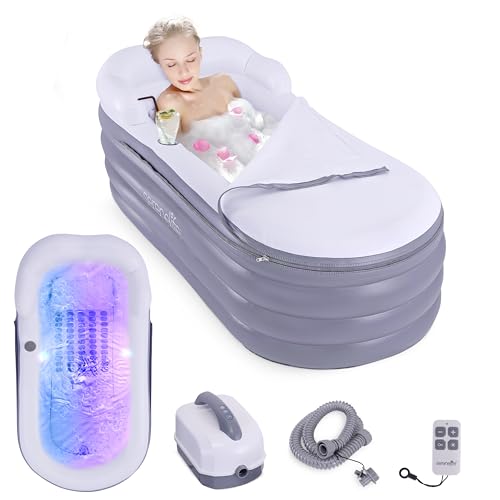 SereneLife Spa Bathtub with Bubble Massage Mat – Inflatable Bathtub with Pillow, Cup Holder, Remote Control for LED Lighting, Backrest and Armrests, Supporting Up To 190 lbs. 66" x 30" x 26" by SereneLife - Used condition - US$140.42