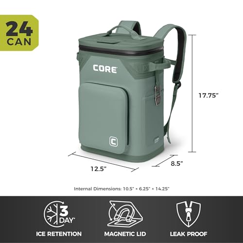 Image of CORE Magnetic Leak Proof Soft Cooler with Waterproof Zipper | Insulated Bag Portable Ice Chest Box | Best Soft Cooler for Food & Beverages for Tailgating, Car Camping, Travel, and Family Beach Picnics