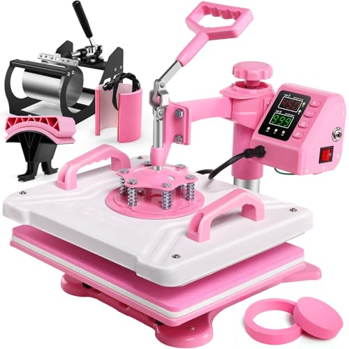 Whubefy 5 in 1 Heat Press Machine for T Shirts 12x15 Inch 360Â° Swing Away Multifunctional Digital Heat Transfer Sublimation Combo with Dual-Tube Fast & Evenly Heating System for Mug Plate Hat Cap Pink