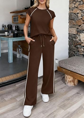 PRETTYGARDEN Two Piece Sets for Women 2026 Summer Vacation Outfits Cap Sleeve Tops Lounge Pants Matching Set Fashion Clothing (Dark Brown,XX-Large) — view 2