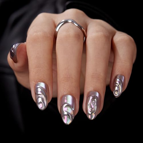 VSALON Press on Nails Short Almond - Chrome Silver Cat Eye 3D Swirl Design Fake Nails Kit for Women, Reusable Salon Quality Glue on Nails - 32 PCS Stick on Nails in 16 Sizes with Glue & Cuticle Oil