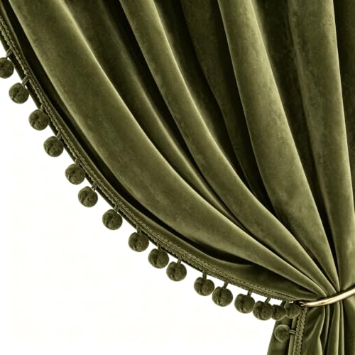 Benedeco Pom Pom Velvet Blackout Curtains 52x90, Mustard Green, 2 Panels