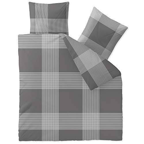 CelinaTex Touchme Biber Bettwäsche 200 x 220 cm 3teilig Baumwolle Bettbezug, Set, Bettgarnitur für Sommer und Winter, ganzjährig, pflegeleicht, Stine Karo grau anthrazit
