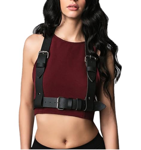Black Goth Leather Harness Top for Women Punk Waist Belt Body Chain Adjustable Corset Accessories Party Costume