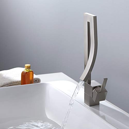 Jiuzhuo Modern Creative Design Single Lever Handle 1-Hole Bathroom Sink Faucet with Waterfall Spout (Brushed Nickel).