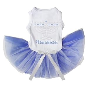 Petitebella Rhinestones Candlestick Hanukkah Puppy Dog Dress (White/White Blue, Large)