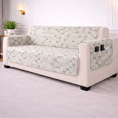 Image of STITCHNEST 'CloudFeel Series' Quilted Printed Velvet Sofa Cover for 2 Seater | Premium Soft Velvet Sofa Protector | Beige Blue Geometric Leaf Pattern Design with Armrest Pockets | Furniture Cover