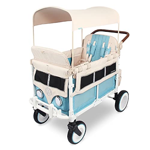 Image of WONDERFOLD Volkswagen Quad Stroller Wagon (4 Seater) Featuring Classic VW Bumper, Functioning Headlights, and Retro All-Terrain XL Wheels with Suspension and Bearings, Bondi Blue