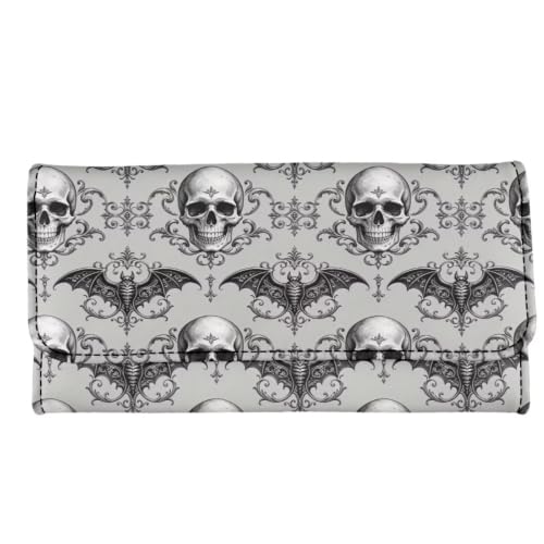 Image of AFPANQZ Womens Wallets Leather Clutch Long Wallet for Women Card Holder | Halloween Bat Skull Print Thin Ladies Credit Card Holder Purse, Cute Leather Bifold Clutch