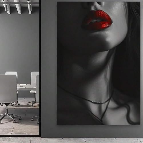 Tableau sur toile noir et blanc femme lèvres rouges de qualité supérieure 80 x 140 cm