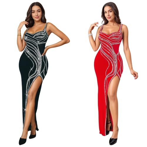 Image of PORRCEY Women's Sexy Rhinestone Lace Sheer Mesh Formal Evening Dress