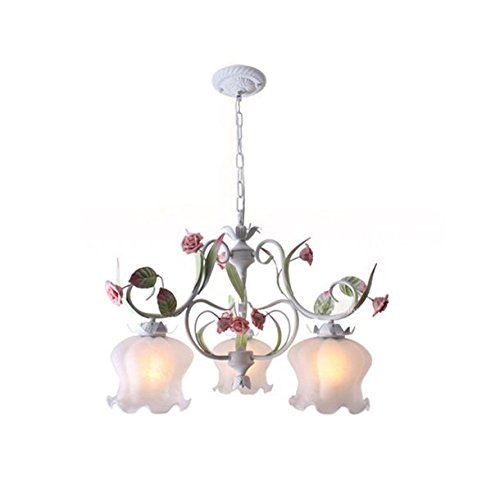 OOVOVCountry Rustic Dining Room Chandeliers 3 Heads Green Metal Leaf with Pink Ceramic Rose Bedroom Hanging Lamp Bar Counter Pendant Lighting Fixtures