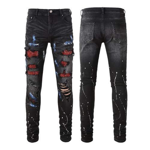Mens Red Crystals Patchwork Jeans Skinny Stretch Tight Fit Distressed Painted Rhinestones Patched Ripped Pants