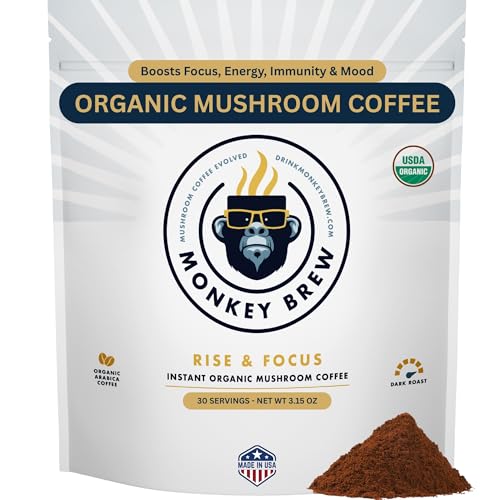 Monkey Brew Rise & Focus USDA Organic Mushroom Coffee Powder (30 Servings) Supports Focus, Energy, Immunity & Mood | Lion's Mane, Turkey Tail, KSM-66 Ashwagandha | Low Caffeine