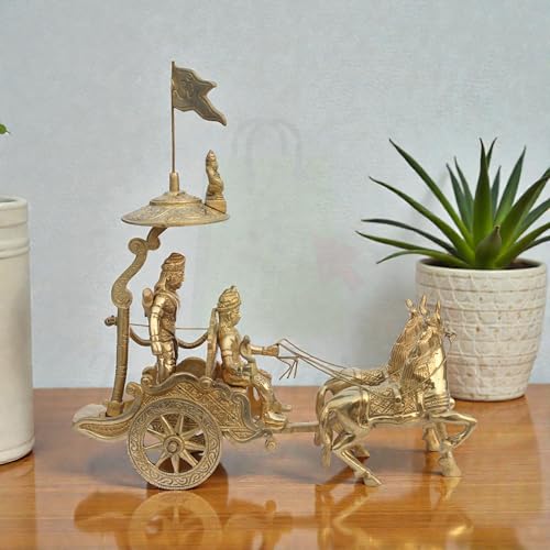 Image of Arjuna Rath Geeta Mahabharat Chariot with Krishna Ji & Hanuman Ji Brass Statue |18CM Approx | Vastu Remedy |Vastu Pital Showpiece |Decorative Arjuna Rath with Two Horses
